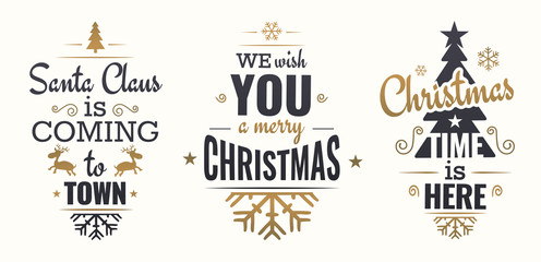 Merry christmas set of gold lettering, with caligraphic letters, text and decoration, collection of christmas vector illustration for postcard, banner and wish card