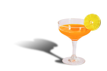 fresh orange juice in glass and slice of orange isolated on white background with shadow