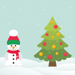 cute snowman with hat and christmas fir tree