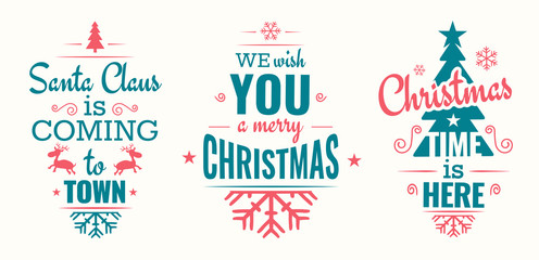 Merry christmas set of modern lettering in turquoise and pink, with trendy colors, text and decoration, collection of premium vector illustration for christmas postcard, banner and wish card