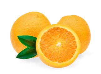 fresh orange fruit with leaf isolated on white background