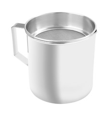 Upper open stainless gutter cup with filter on white background.