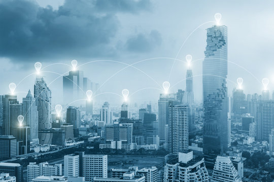 Connecting network and business concept, city scape and Global business connection technology.