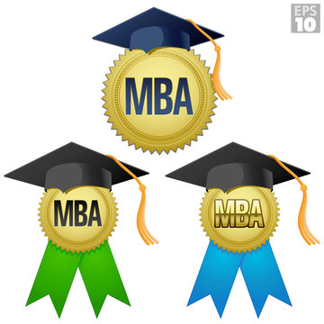 MBA graduate seal, medal with gold seal, ribbon, and graduation cap