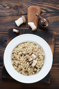 Above view of risotto with cep boletus, rustic wooden setting