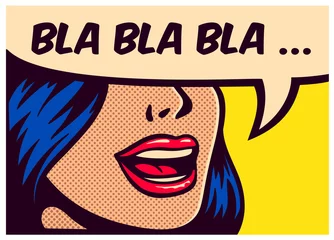 Foto op Plexiglas Pop-art stijl stripboek paneel met meisje praten onzin praatjes chatter in toespraak bubble vector poster ontwerp illustratie © durantelallera