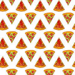 Cute seamless pattern made of yummy pizza slices with salami and pepper.