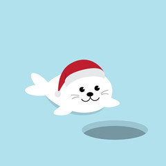 A Cute Baby Seal Pup cartoon character on blue background with Ice-hole invitation card. Harp seal pup  wearing Santa Claus hat flat design vector illustration.