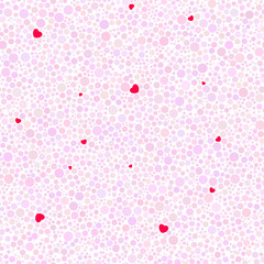 Cute seamless pattern made of chaotic light pink dots and some hearts.
