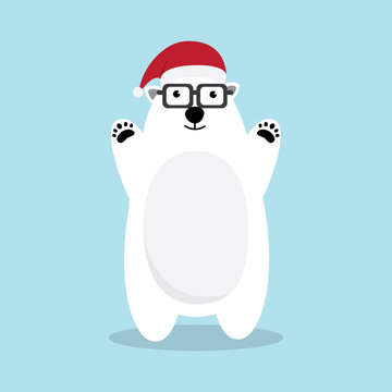 Polar bear cartoon character. A Cute Polar bear standing on blue background. Flat design Vector illustration. Happy Merry Christmas invitation card.