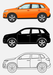 Off-road luxury vehicle in three different styles: orange, black silhouette, contour.