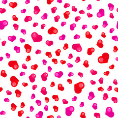 Cute seamless pattern made of chaotic light pink and red  hearts.