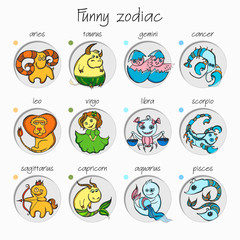 Set of twelve funny zodiac signs.
