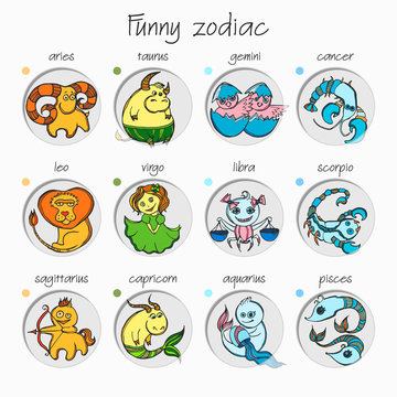 Set of twelve funny zodiac signs.