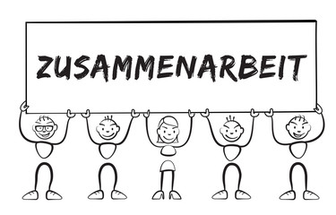 Strichm&auml;nnchen halten Schild mit Aufschrift Zusammenarbeit