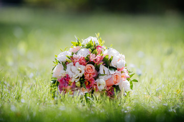Beautiful summer wedding bouquet. Delicate bright flowers 