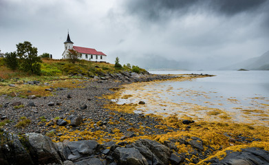 Sildpollnes Church along the Austnesfjord on the Sildpollneset p