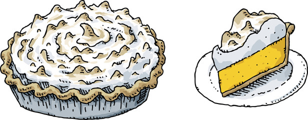 A full, delicious, cartoon Lemon Meringue Pie with a thick, rich topping and accompanied by a slice of pie on a plate. © blambca