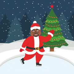 Happy new year and merry Christmas. Greeting card with christmas tree. Beautiful African american Santa skating on the winter ice-skating rink. Vector illustration. Flat design.
