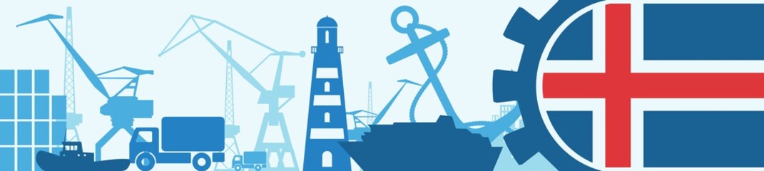 Fototapeta premium Cargo port relative icons set. Iceland flag in gear. Vector illustration for web banner or header