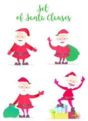 Obraz na płótnie Canvas Set of Santa Claus. Santa with a bag of gifts. Santa waving. Santa is on gifts. Santa Surprise. Vector illustrations in cartoon style.