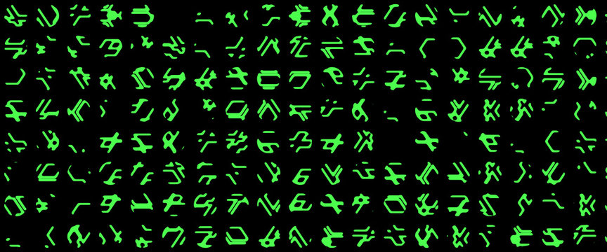 Complex line of alien hieroglyphs symbols isolated on black background, digital illustration art work.