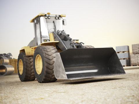 Bulldozer on a building construction site. 3d rendering