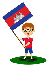 Fan of Cambodia national football team, sports. Boy with flag in the colors of the state command with sports paraphernalia. Kid with national flag.