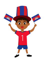 Fan of Cambodia national football team, sports. Boy with flag in the colors of the state command with sports paraphernalia. Kid with national flag.