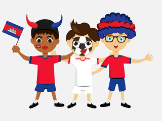 Fan of Cambodia national football team, sports. Boy with flag in the colors of the state command with sports paraphernalia. Kid with national flag.