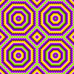 Colorful background with octagons and squares (optical expansion illusion). Seamless pattern.