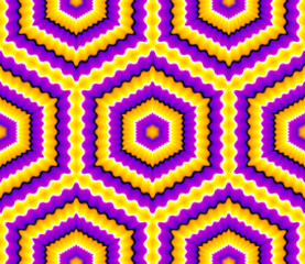 Yellow background with purple hexagons (optical expansion illusion). Seamless pattern.