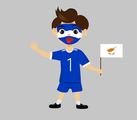 Fan of Republic of Cyprus national football team, sports. Boy with flag in the colors of the state command with sports paraphernalia. Kid with national flag.