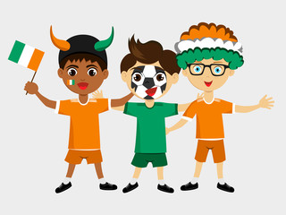 Fan of Cote divoire national football team, sports. Boy with flag in the colors of the state command with sports paraphernalia. Kid with national flag.