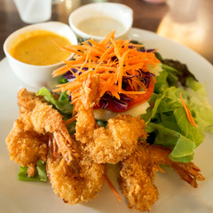 Fried Shrimp Salad with dressing and fruit dressing