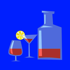 Bottle and two cups with whisky and slice of lemon on blue background. Vector illustration