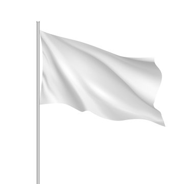 White waving flag template. Clean horizontal flag, for your design. Empty blank of flag on flagpole. Vector 3d mockup.