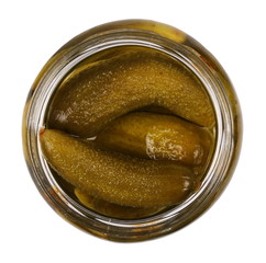 Top view pickles in jar isolated on white, with clipping path