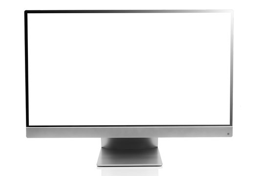 Sleek modern computer display with blank white screen, front view and isolated on white background with reflection