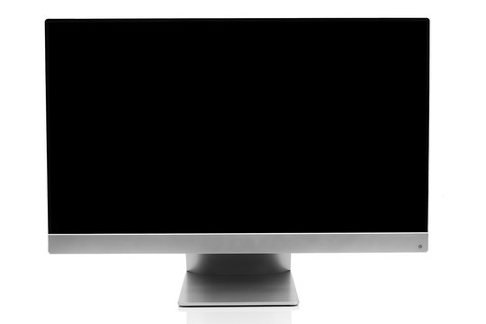 Sleek modern computer display with black screen, front view and isolated on white background with reflection