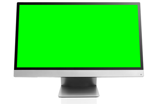 Sleek modern computer display with blank green chroma key screen, front view tilted and isolated on white background with reflection