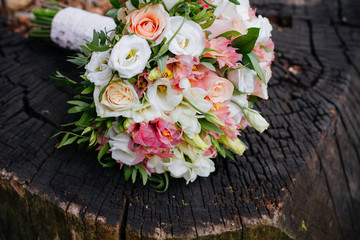 Beautiful summer wedding bouquet. Delicate bright flowers 
