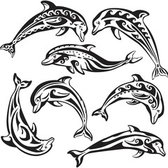Set of decorated dolphins on black © Viktoriia Protsak