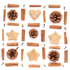 Pine cone, cinnamon, cookies christmas collection set on white