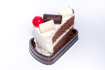chocolate cake, delicious piece of cake on white background