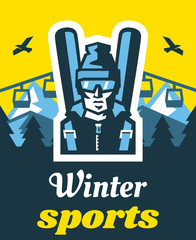 Winter sport. Mountains, active vacation. Logo skier in glasses. Fresh air. on the horizon, winter nature view. Pine forest. Vector illustration. Flat style