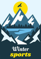 Winter sport. Fresh air. on the horizon, winter nature view. Pine forest. Mountain. Vector illustration. Flat style