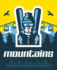 Winter mountains. Logo skier in glasses. Fresh air. on the horizon, winter nature view. Pine forest. Vector illustration. Flat style