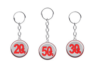 Set of silver keychains with red 20,30,50 percentages discount isolated on white background. 3D illustration  