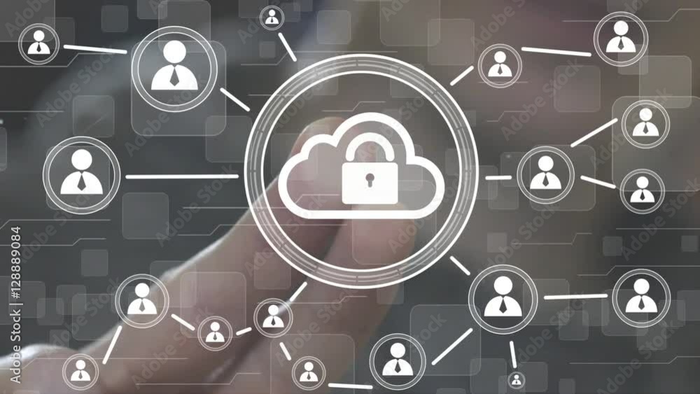 Poster businessman push button cloud lock web network
